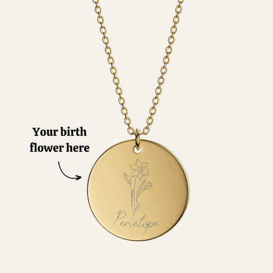 Birth Flower Pendant - 18k Gold Plated Engraved Necklace